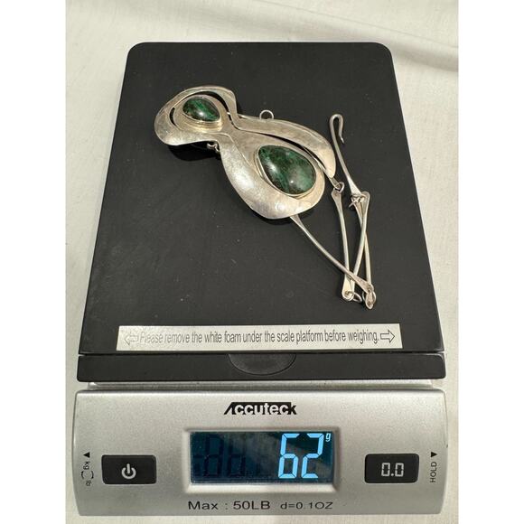 Modernist Sterling Silver Pendant Large 4" Hinged Green Eilat? Cabochon 62 Gr - Picture 7 of 16